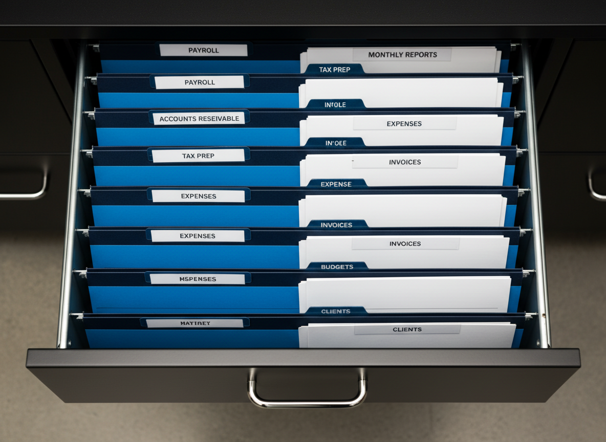An array of color-coordinated file folders in deep navy, electric blue, and crisp white neatly aligned in a matte black filing cabinet drawer, each labeled with minimalist, sans-serif typography: "Payroll," "Accounts Receivable," "Tax Prep," and "Monthly Reports." Metallic rails and polished chrome handles catch the light from an overhead fluorescent panel, creating sleek reflections along the edges. Photographic realism from a top-down, bird's-eye view emphasizes order and linear repetition. The lighting is bright and even, enhancing the saturated colors and creating a bold, high-contrast, hyper-organized mood that conveys precise, trustworthy bookkeeping systems ready to scale with growing businesses.