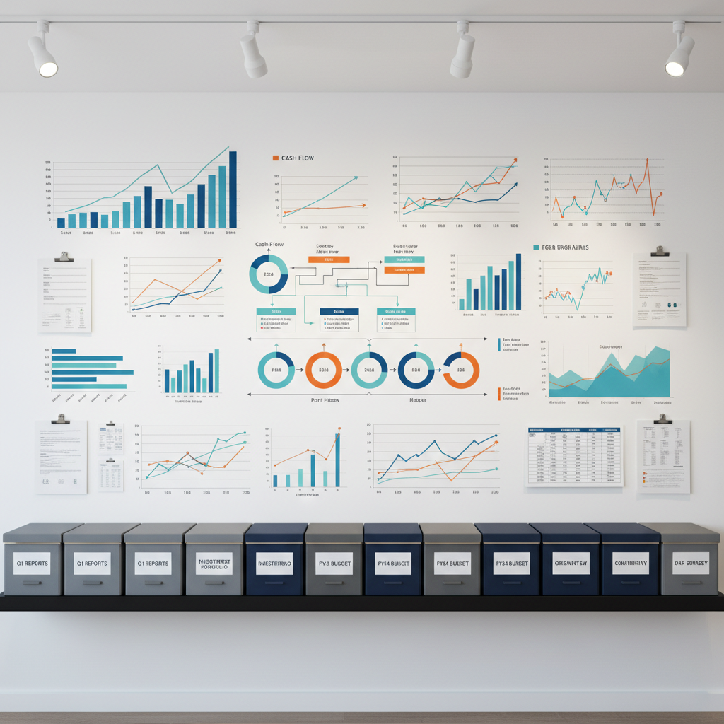 An immaculate whiteboard wall filled with precisely drawn, color-coded financial charts, bar graphs, and cash flow diagrams in vibrant blues, teals, and bold oranges. Magnetic metal clips hold neatly printed reports along the edges. Below, a matte black floating shelf supports a row of labeled archival boxes in slate gray and deep navy. Overhead track lighting casts focused, bright beams that create dramatic contrast and crisp shadows, highlighting key numbers and arrows. Shot head-on with photographic realism and sharp focus throughout, the composition emphasizes structure and clarity. The mood is bold, analytical, and strategic, perfectly capturing modern bookkeeping as a powerful decision-making engine for growing businesses.