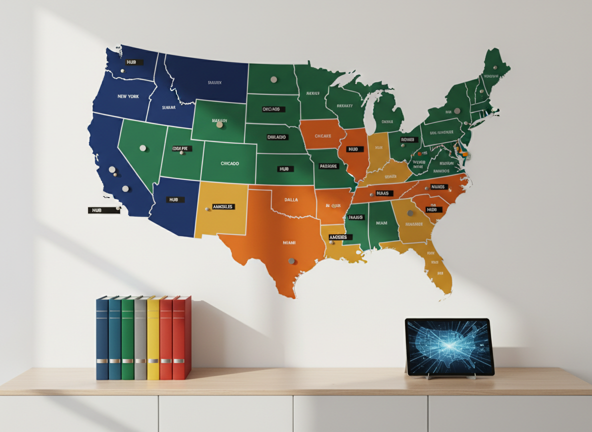 A large United States map printed in bold, modern flat colors mounted on a clean white office wall, with small, metallic pushpins and sleek, laser-cut labels marking active bookkeeping hubs across the country. Below, a light ash wood console holds a row of closed, color-coded ledgers and a slim black tablet displaying a glowing connection-network graphic. Soft, indirect daylight from an unseen window washes the scene, producing gentle, elongated shadows and a calm yet determined atmosphere. Photographic realism, framed using the rule of thirds with sharp focus, emphasizes the national scope and ambitious network-building vision behind the bookkeeping brand.
